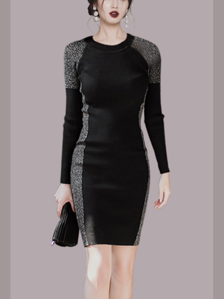 Women's Sweater Dresses Color Block Knit Long Sleeve Mini Pencil Dresses