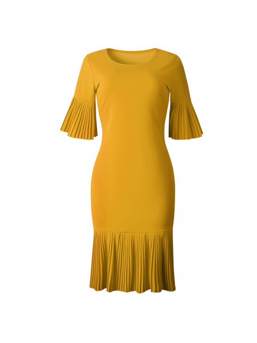 Womens Dress Pleated Details Flare Sleeve Draped Midi Dress