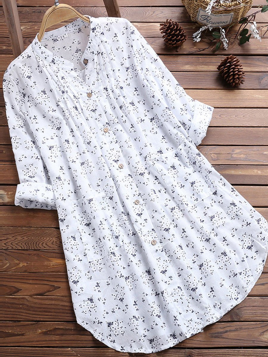 Womens Blouses V-Neck Pleated Floral Print Long Sleeve Top