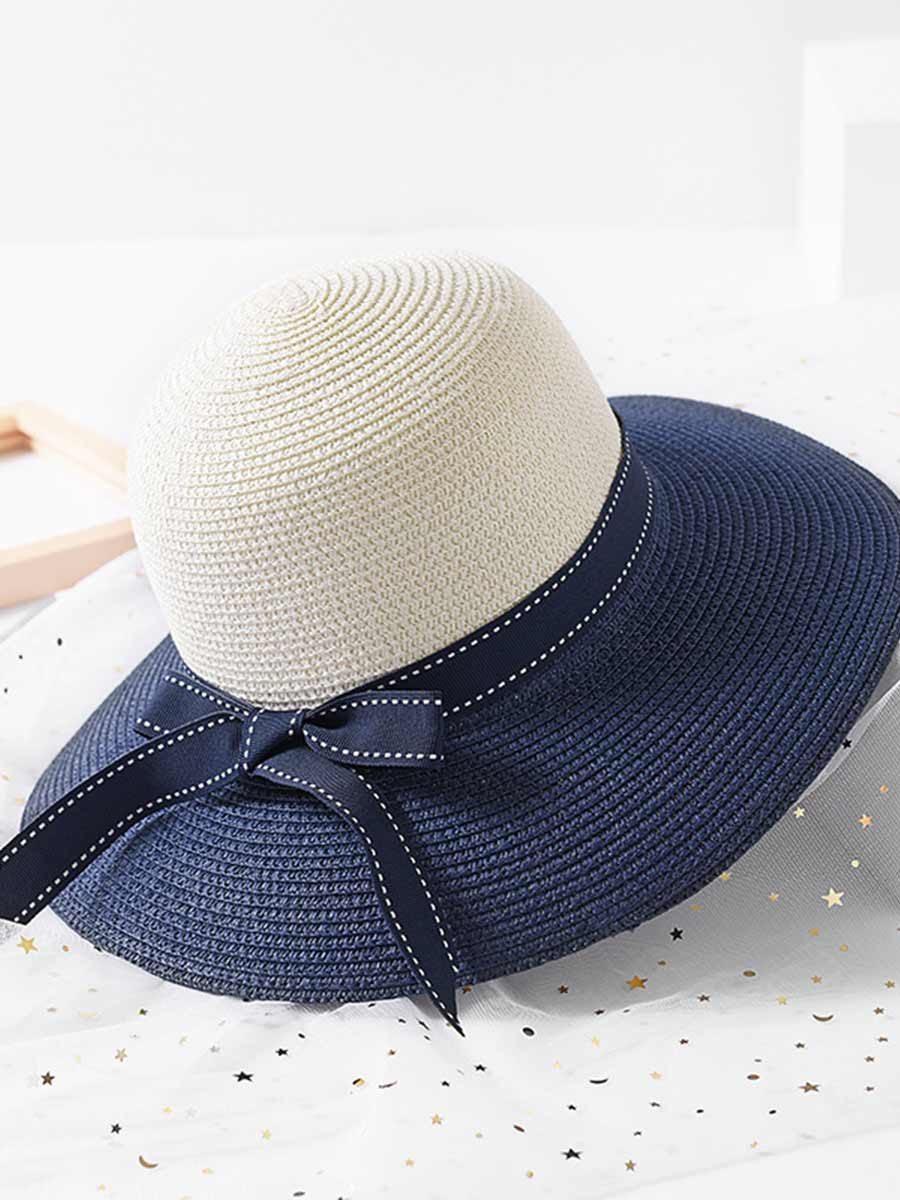 Women's Sun Straw Hats UV Protection Color Matching Ribbon Beach Travel Hats