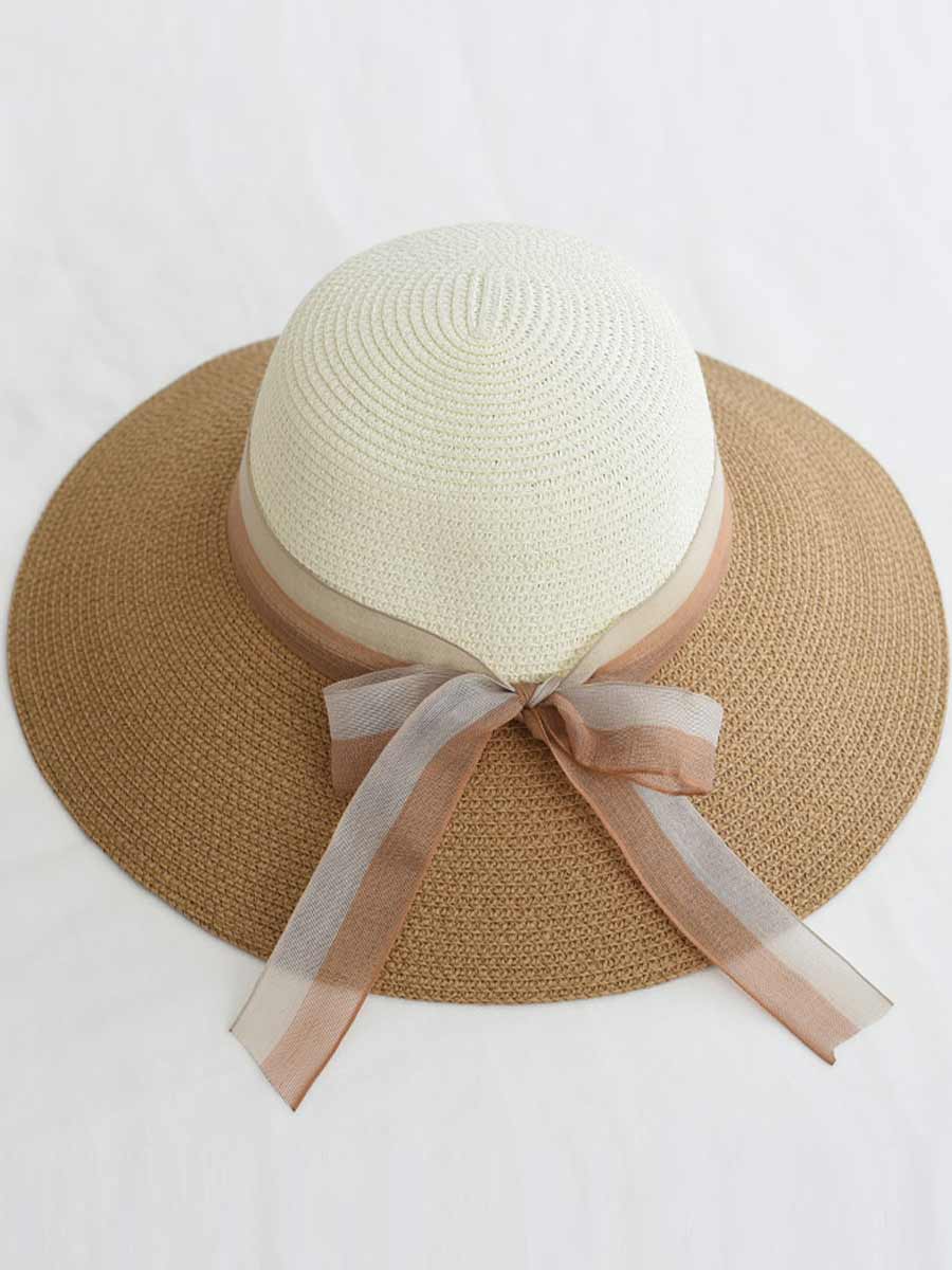 Women's Sun Straw Hats UV Protection Color Matching Ribbon Beach Travel Hats