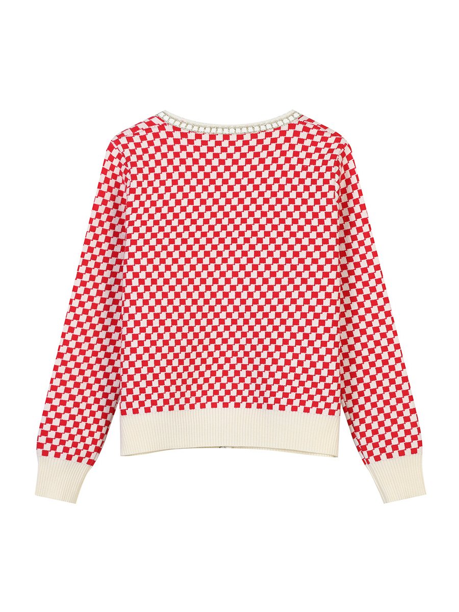 Women's Sweaters V-neck Long Sleeve Checkerboard Pocket Loose Knitted Cardigans