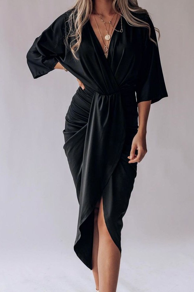 Wrap Ruched Tulip Hem Plunging Neck Dress