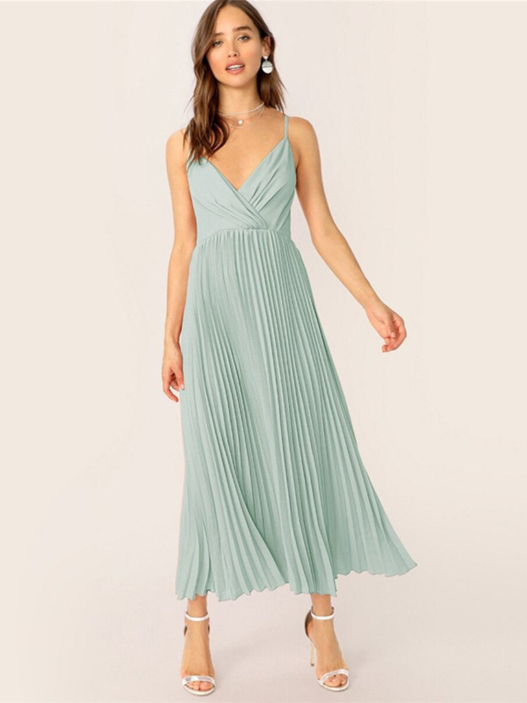 Womens Casual Dress V-neck Pleated Spaghetti Strap Long Dress