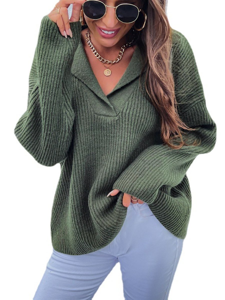 Women's Sweaters Suit Collar Long Sleeve Loose Pullover Knitted Sweater