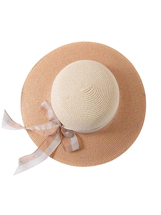 Women's Sun Straw Hats UV Protection Color Matching Ribbon Beach Travel Hats