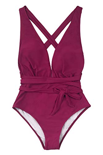 Women¡¯s One Piece Swimsuit Sexy Deep V Neck Solid Red Bathing Suit