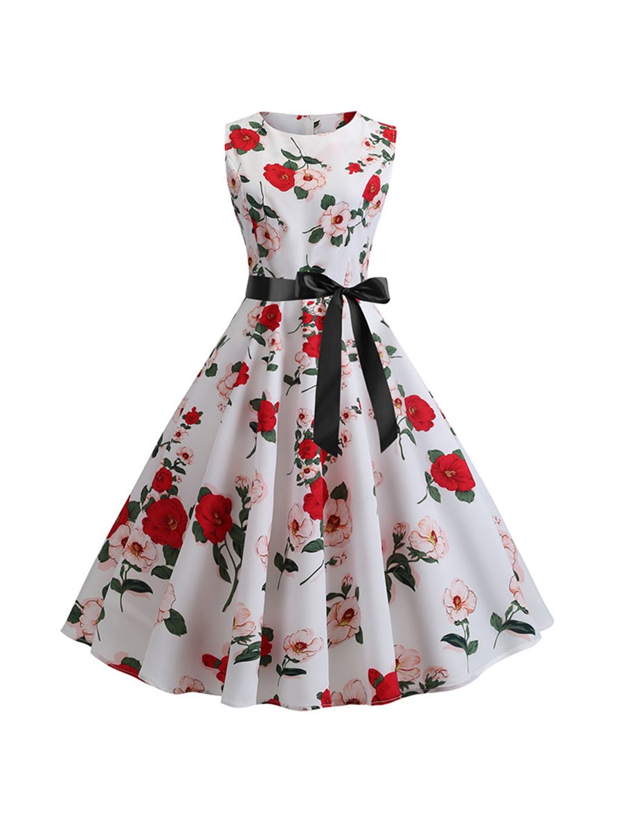 Womens Retro Vintage Dress Sleeveless High Waist Floral Print Dress