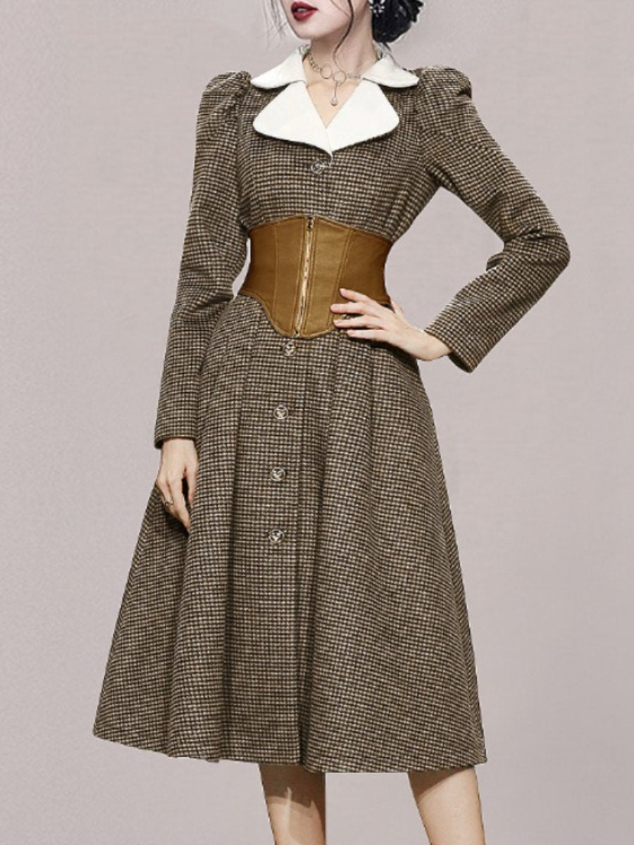 Women's Wool Coats Petal Collar Puff Sleeve Houndstooth Corset Single Breasted Coats