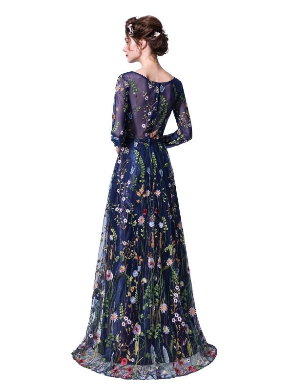 Womens Formal Dress Flowers Embroidery Long Sleeve Evening Dress