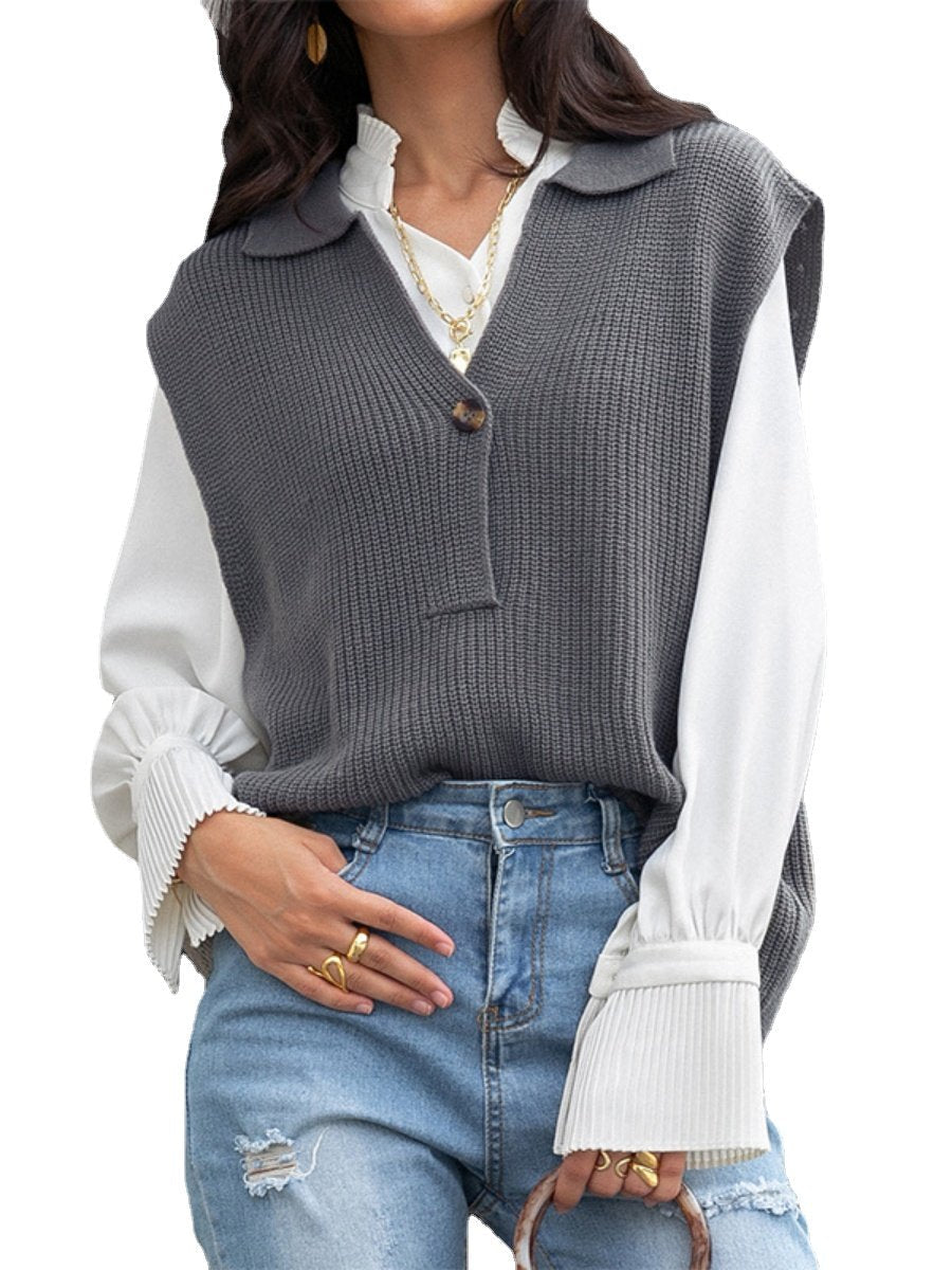 Women's Sweater Vest Lapel Collar Solid Color Button Oversized Sweater