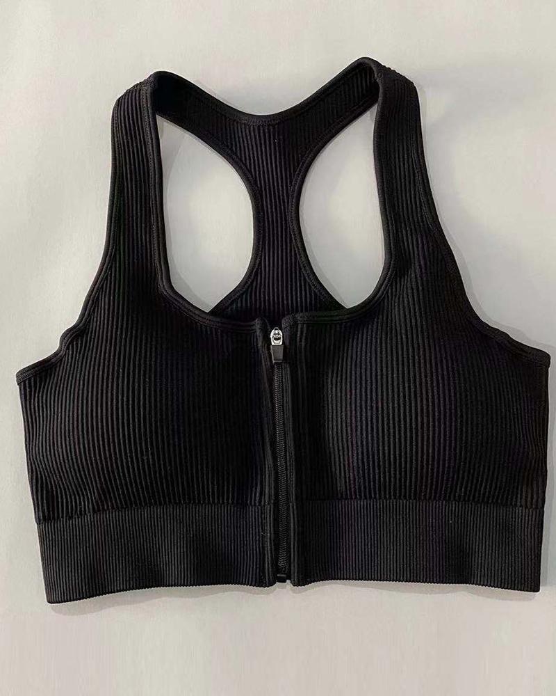 Zip Up Front Ribbed Racer Back Sports Bra