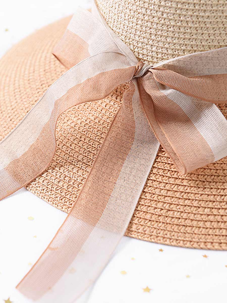 Women's Sun Straw Hats UV Protection Color Matching Ribbon Beach Travel Hats