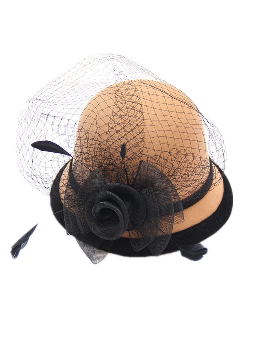 Women's Winter Hats Feather Mesh Flower Retro Wool Top Hat