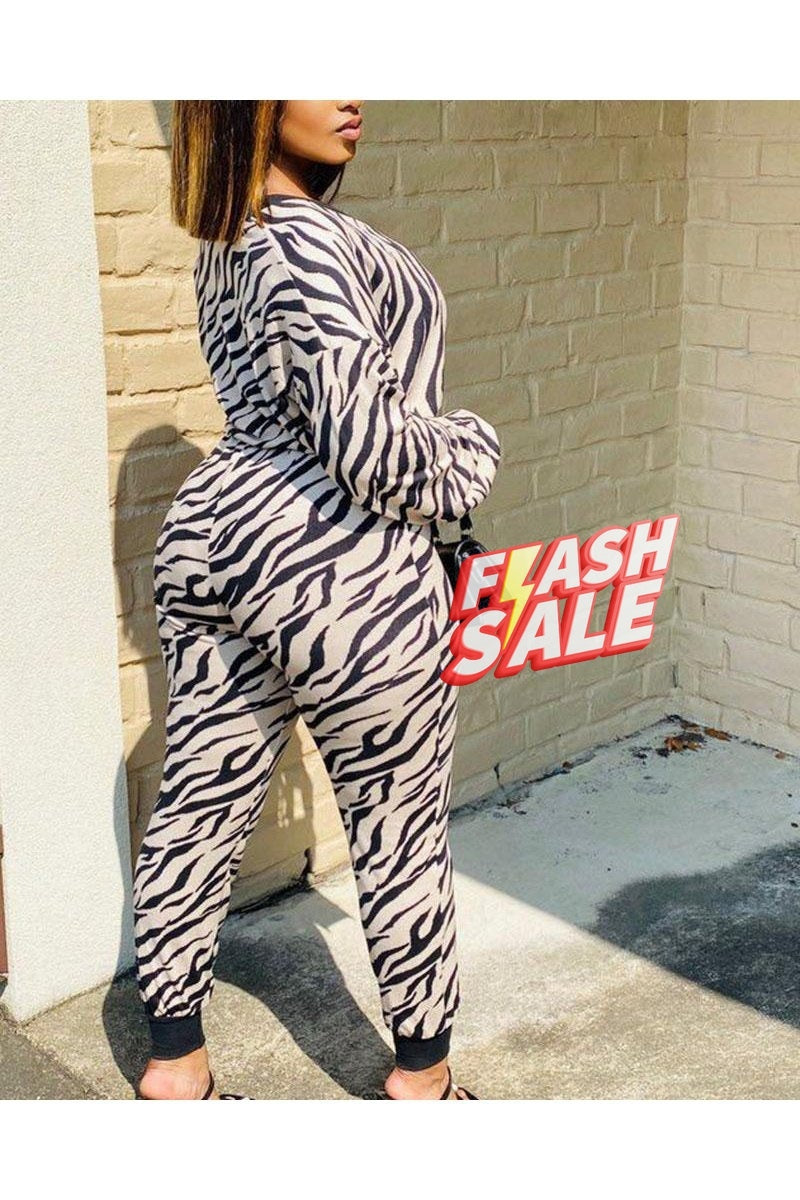 Zebra Print Drawstring Long Sleeve Top & Pants Set