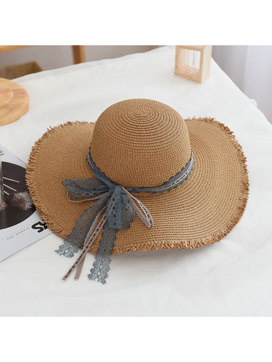 Women's Straw Hats Lace Decoration Wide Brim Dome Beach Hats