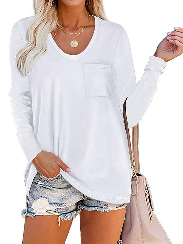 Women's T-Shirt With Pocket Plain V-Neck Solid Color Long Sleeeve Tops