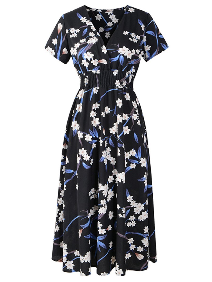 Womens Casual Dress V-neck Slim Floral Dress