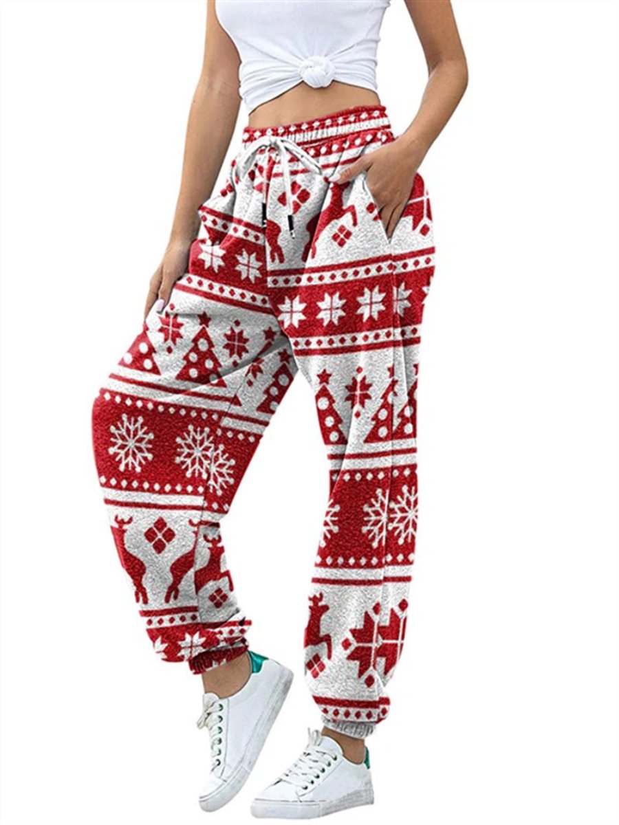 Women's Trousers Christmas Printed Elasticity Drawstring Pockets Loose Casual Pants