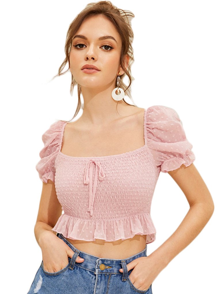 Womens Blouse Ruffled Hem Puff Sleeve Cute Slim Cropped Top