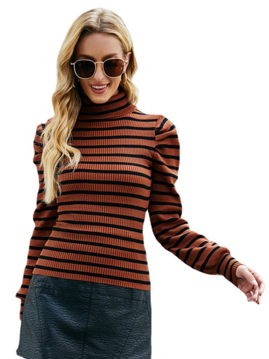 Women's Sweatshirts High Neck Puff Sleeve Knitted Striped Slim Tops