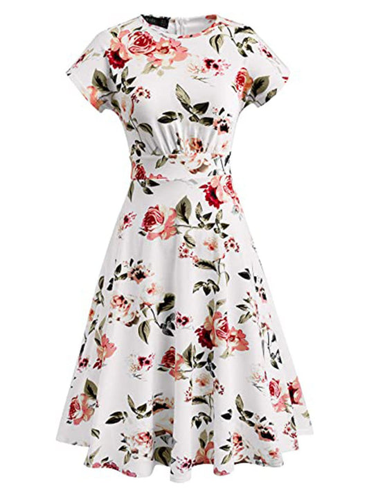 Women's Swing Dress Bright Floral Ruched O-Neck Short Sleeve Casual Dress