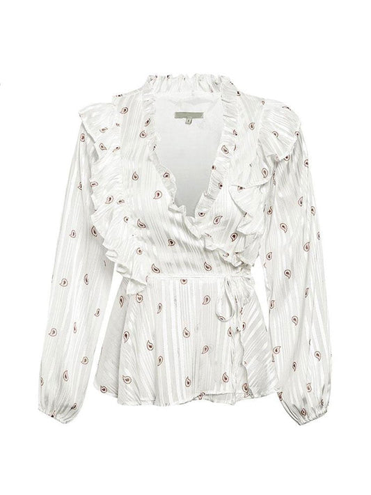 Womens Top Ruffled V-neck Side Lace-up Long Sleeve Blouse