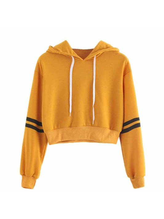 Womens Hoodie Varsity-Striped Drawstring Crop Pullover