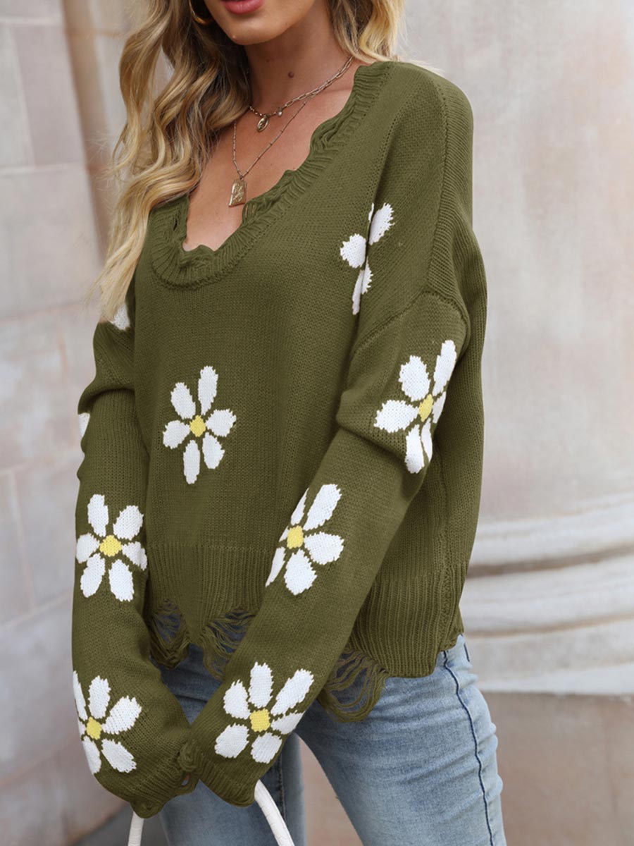 Women's Sweater Ripped Long Sleeve Flower Print V-Neck Loose Pullover Sweater