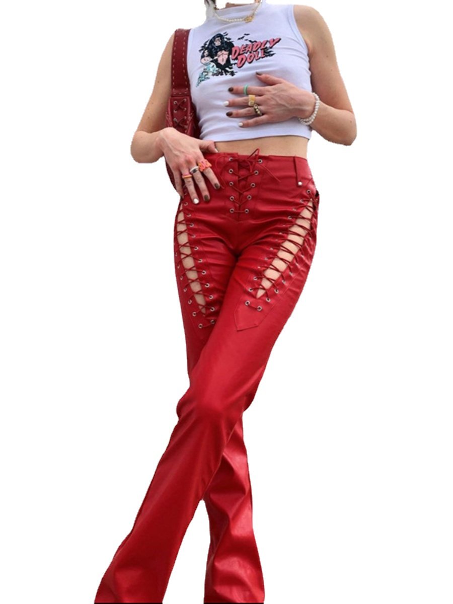 Womens Leather Pants Y2k Hollow Out Lace Up Drawstring Chic Trousers