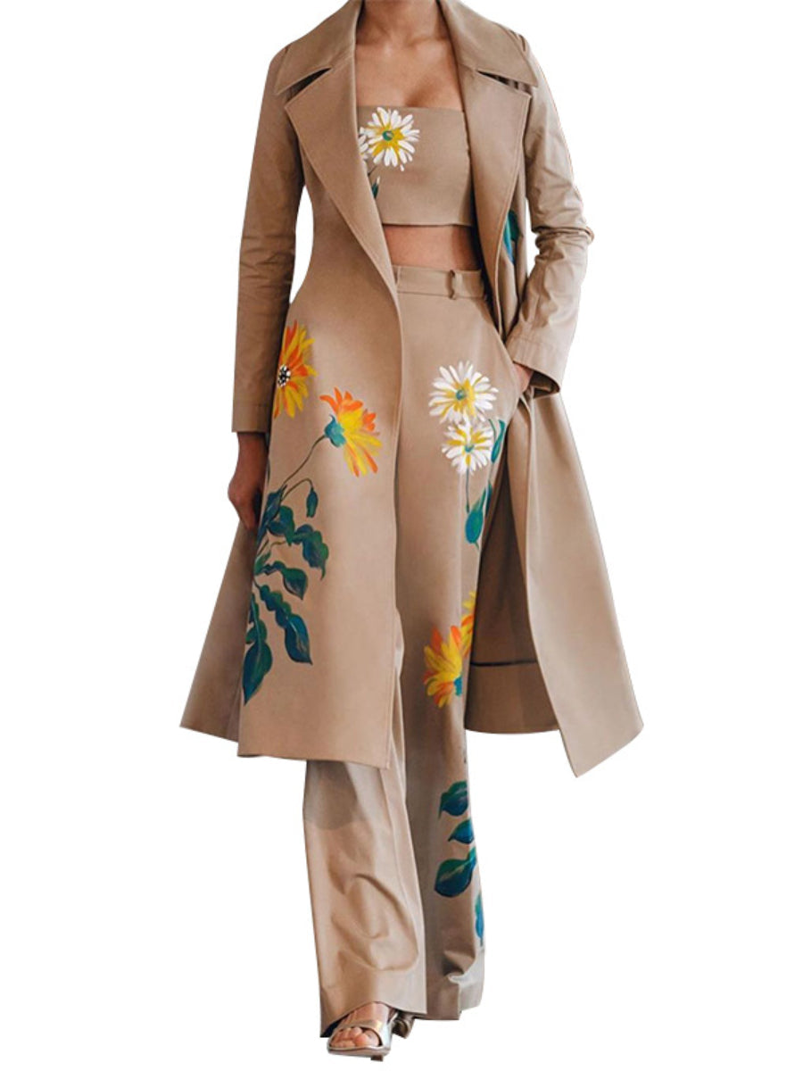 Women's Trentch Coat Floral Print Tank Top Wide-leg Pants Suit