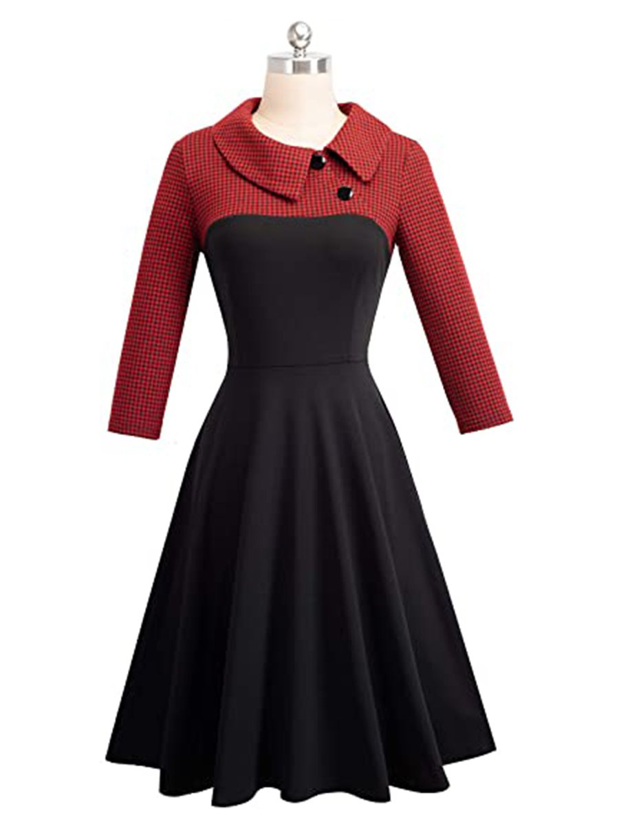 Women's Work Dress Lapel Collar 3/4 Sleeve Colorblock Swing Dresses