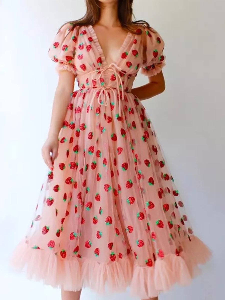 Women's Strawberry Dress Sweet Mesh Sexy V Neck Puff Sleeve Maxi Dress