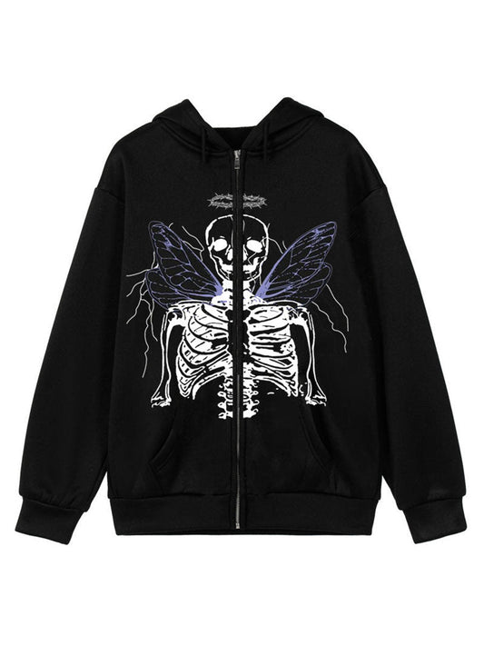 Women's Sweatshirts Y2K Zipper Skull Butterfly Print Fleece Plus Size Hoodies