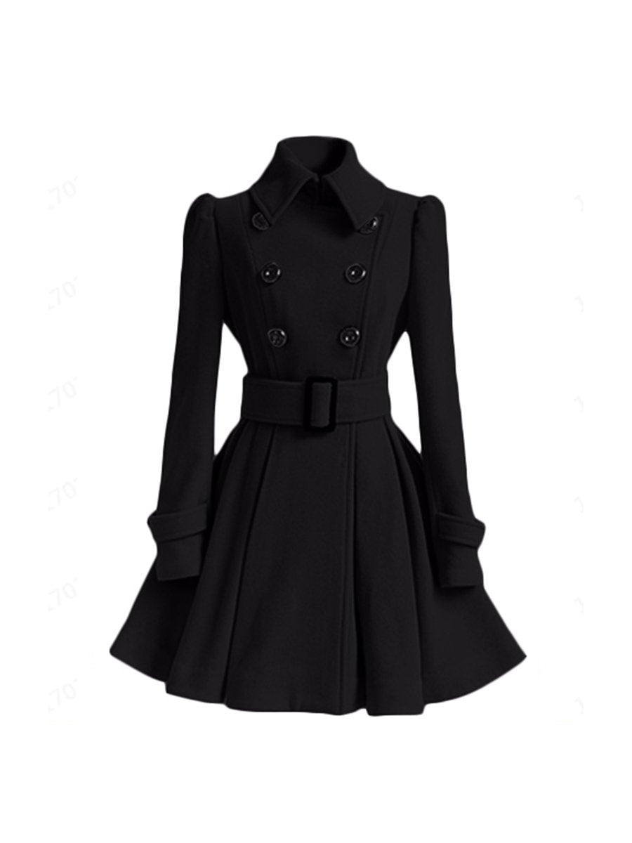 Women's Wool Coats Slim Lapel Collar Mid-length Belted A-line Wool Coats