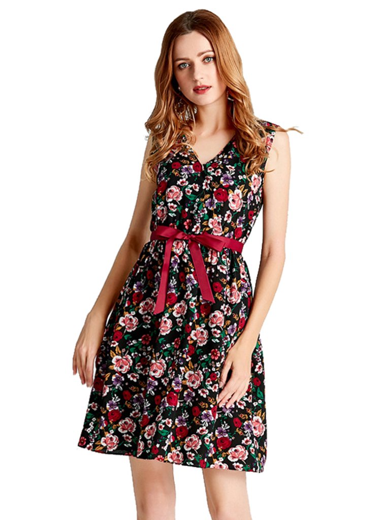 Womens Floral Dress V Neck Sexy Sleeveless Party Dress