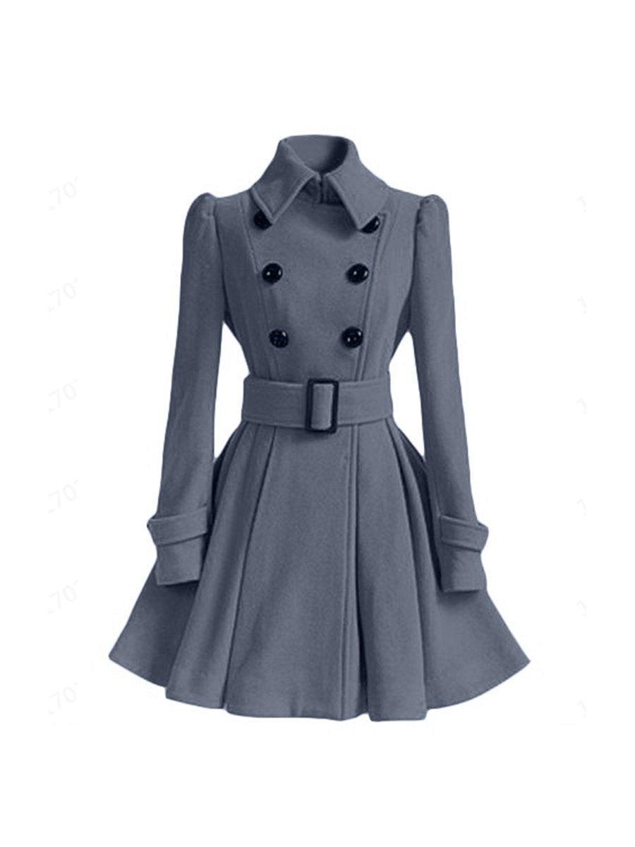 Women's Wool Coats Slim Lapel Collar Mid-length Belted A-line Wool Coats