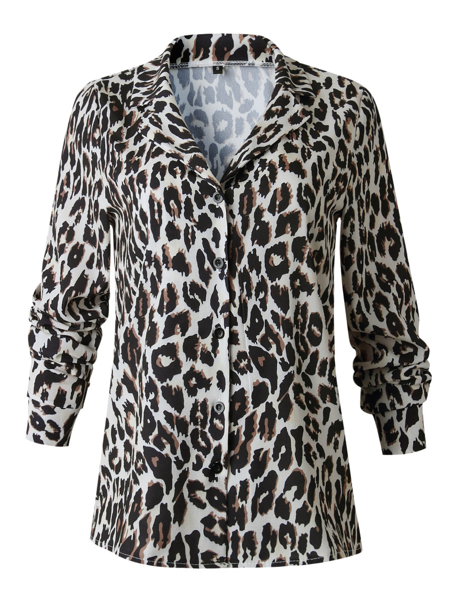 Women's Stylish Blouse Leopard Print Buttoned Long Sleeve Top