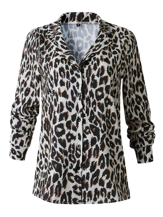 Women's Stylish Blouse Leopard Print Buttoned Long Sleeve Top