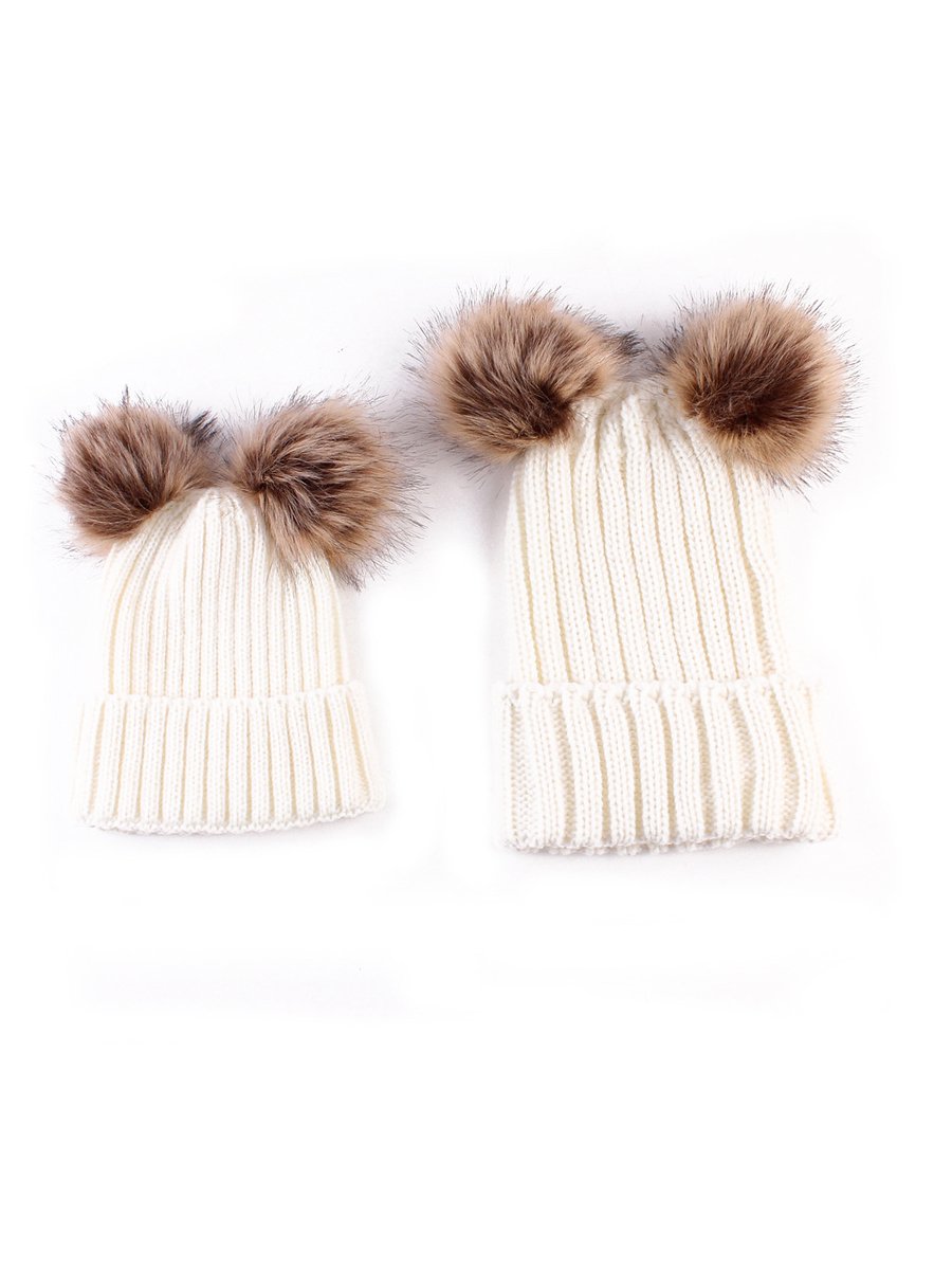 Woollen Hats Solid Color Parent-child Double Wool Ball Elasticity Knitted Hat