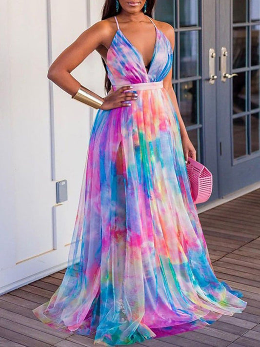 Women's Strap Dress Tie Dye V-Neck Sleeveless Prom Dress Maxi Long Dress