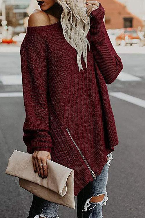 Zip Bat Sleeve Off-the-shoulder Sweater