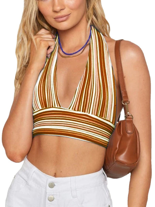 Women's Top Halter Striped Knit Deep V-neck Backless Casual Tops