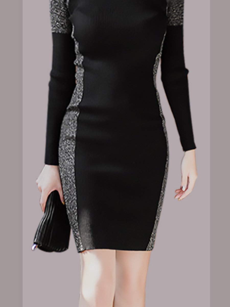 Women's Sweater Dresses Color Block Knit Long Sleeve Mini Pencil Dresses