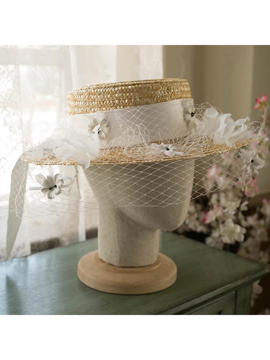 Women's Vintage Bridal Top Hat Mesh Flower Bow Tie Elegant Straw Hat