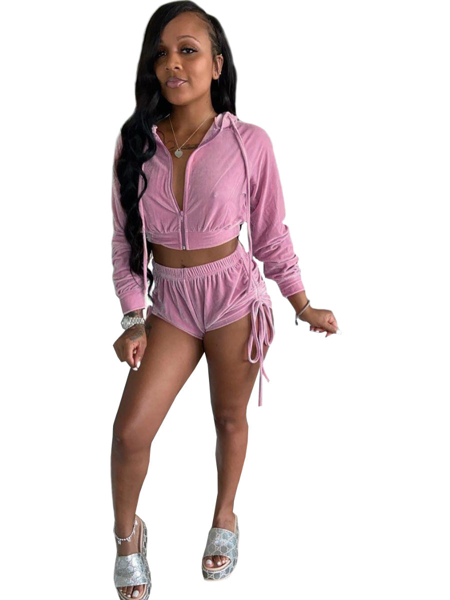 Women's Suit Hoodie Style Long Sleeve Drawstring Pleated Shorts Two-piece set