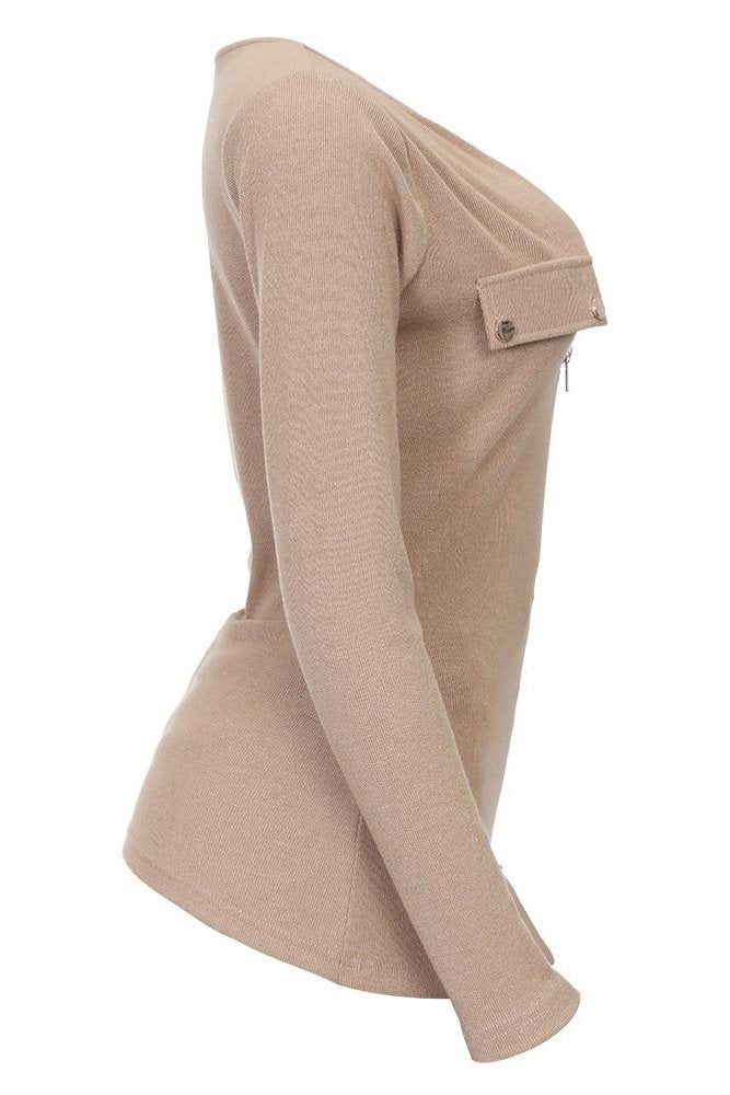 Zip Front Ribbed Knit Button Decor Bodycon Sweater