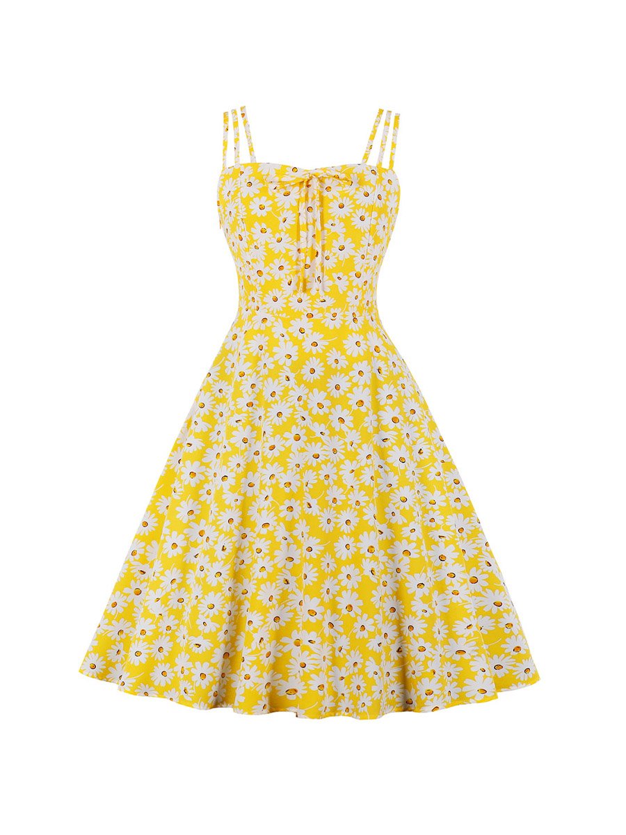 1950s Style Fashion Strap Sling Floral Dresses Sexy Little Daisy Print Dress