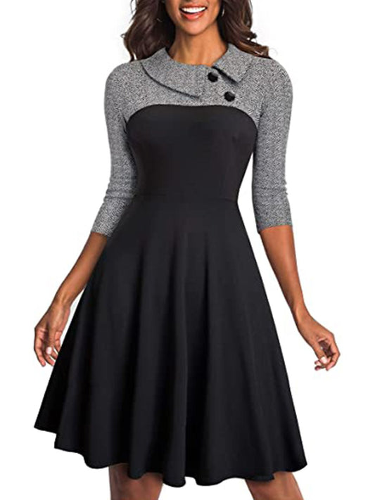 Women's Work Dress Lapel Collar 3/4 Sleeve Colorblock Swing Dresses