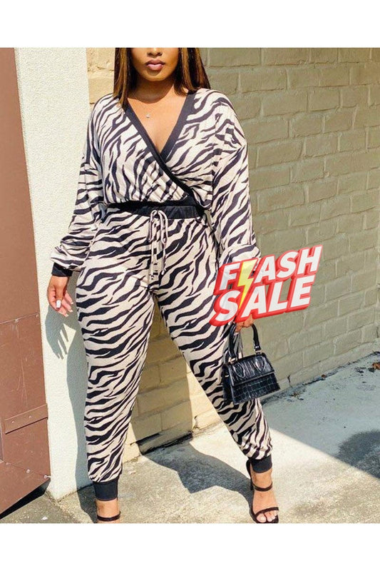 Zebra Print Drawstring Long Sleeve Top & Pants Set